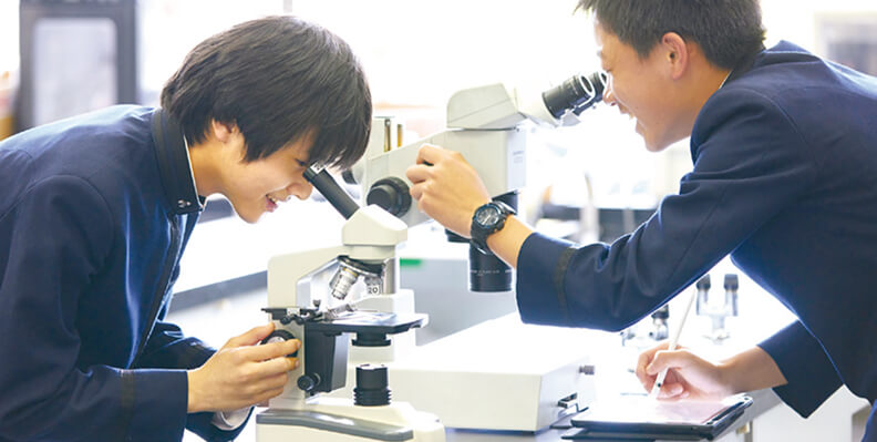 顕微鏡をのぞく様子