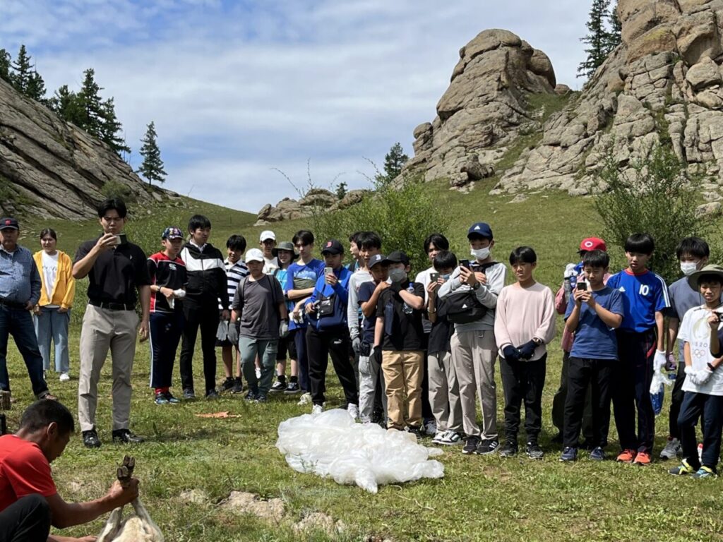 羊の毛刈りの見学する生徒たち